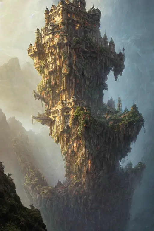 Image similar to an immense floating castle, in the midst of high mountains, hanging by chains, inside a gorge, below only cloud dark void, 8k resolution, artstation trends by Anita Kunz, Leonardo da Vinci, Peter Mohrbacher, Tomasz Jedruszek and Jakub Różalski, Trending on artstation. highlights 8k resolution unreal engine hiperrealistic neon glow darkness dramatic hdr dramatic flower neon stellar color scheme
