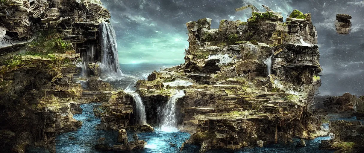 Prompt: a crumbling island in space, waterfalls, in style bruce ricker, digital art, detailed, depth of field