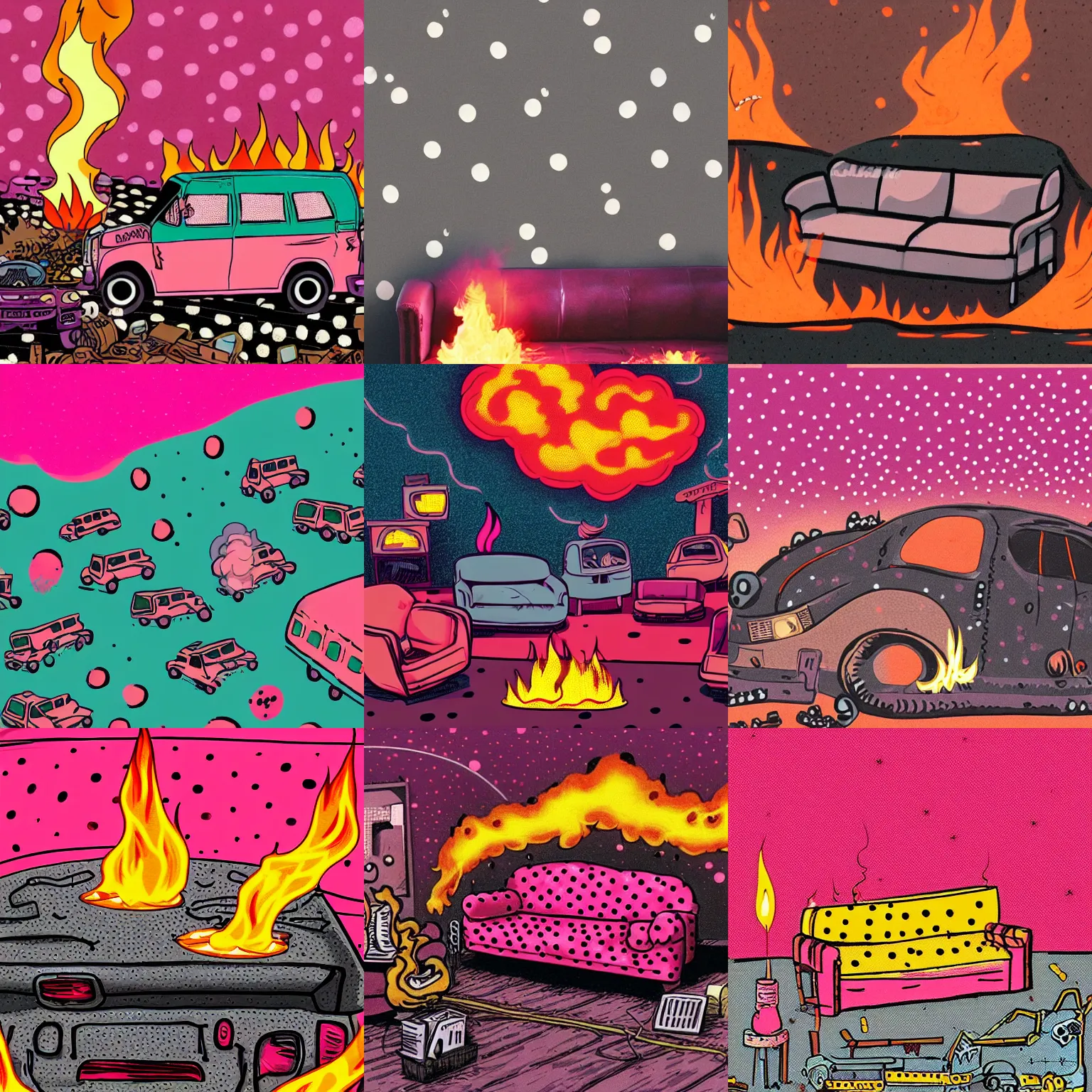 Image similar to a pink couch with orange polka dots on fire in the middle of a junkyard, illustrated, cosmic horror, smoke and ash