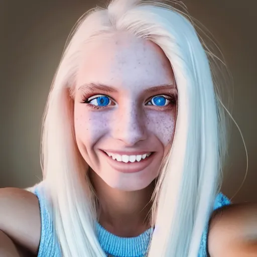 Image similar to beautiful hyperrealism selfie of a cute 3 d young woman smiling smugly, long light platinum blonde hair, flushed face, small heart - shaped face, cute freckles, light blue eyes, golden hour, 8 k, instagram