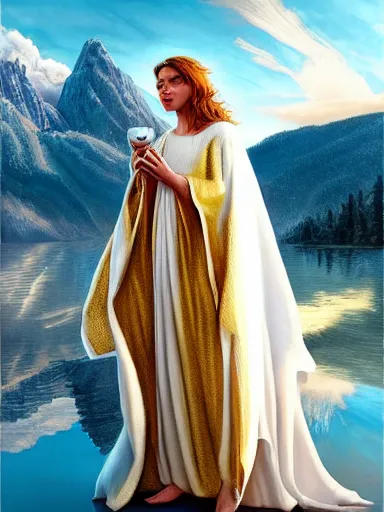 Image similar to an angel large wings and white robe holding a golden chalice in a lake with the sun rising above the mountains in the background. intricate, elegant, highly detailed, digital painting, artstation, concept art, sharp focus, illustration, by justin gerard and artgerm, 8 k