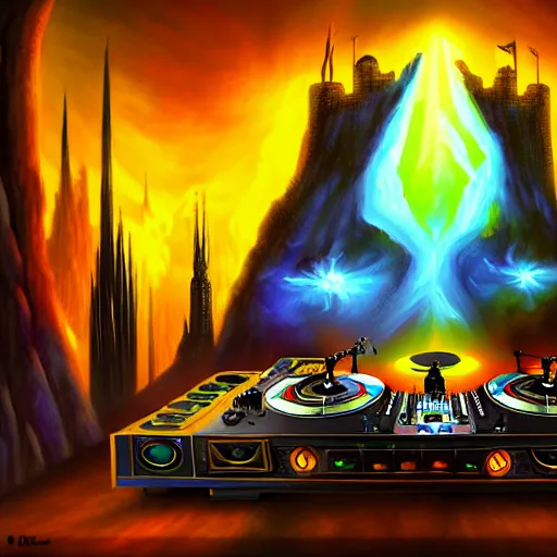 Prompt: fantasy painting of a dj set with turntable in a fantasy dungeon in the style of word of warcraft,