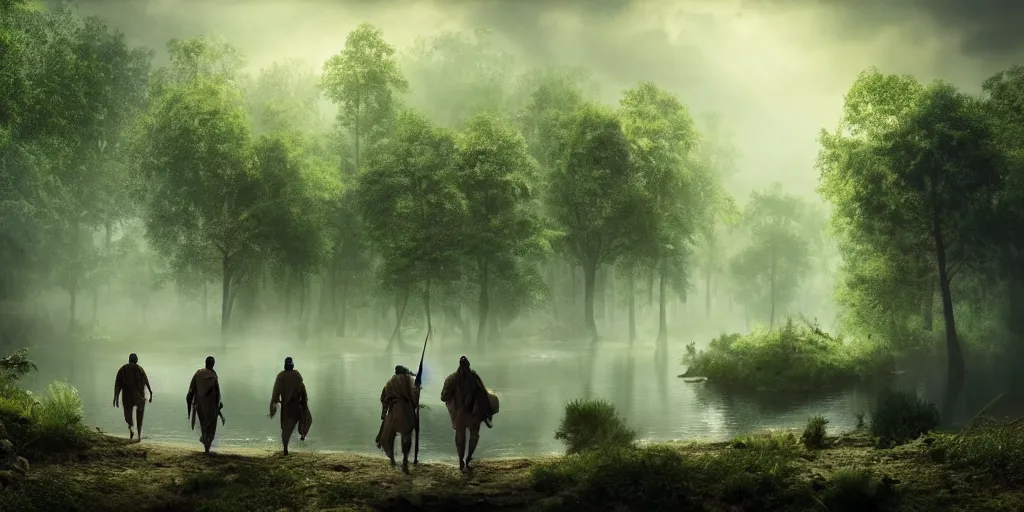 Image similar to muslim adventurers walking along the river bank in a forest, an epic fantasy, dramatic lighting, cinematic, extremely high detail, photorealistic, cinematic lighting, matte painting, artstation, by Christopher Nolan, horizon forbidden west