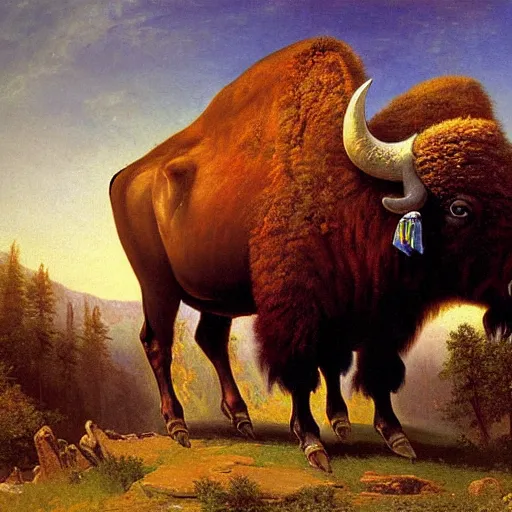 Image similar to enormous bison in a valley, painting by albert bierstadt, highly detailed