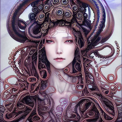 Image similar to a woman with tentacles on her head, an ultrafine detailed painting by ayami kojima, cgsociety, fantasy art, lovecraftian, cosmic horror, detailed painting