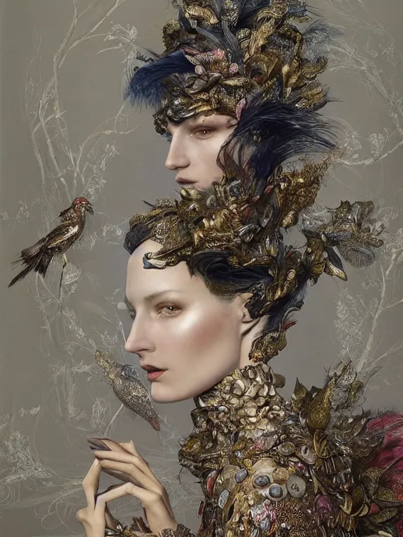 Image similar to realistic 3d character render of a beautiful model in the bergdorf goodman windows, veiled, avian-inspired,by tom bagshaw and Ekaterina Belinskaya and marie spartali Stillman and Marianne North and William Morris and Billelis,trending on pinterest,GUCCI,DIOR,highly detailed,maximalist,glittering,feminine