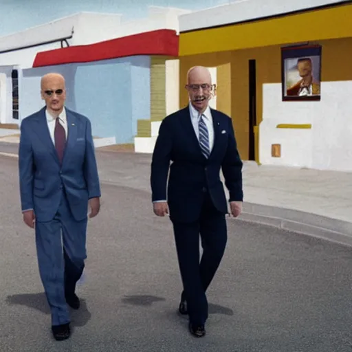 Image similar to Joe biden and Walter White in Los Pollos Hermanos