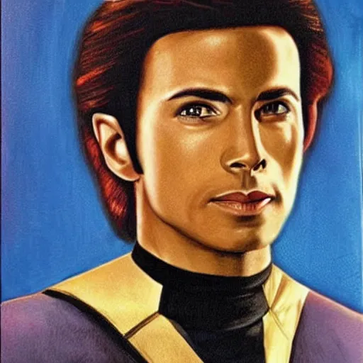 Prompt: dreamt in 4. 9 1 s for @ ishandia's! dream a portrait of a very handsome young man, star trek tng,