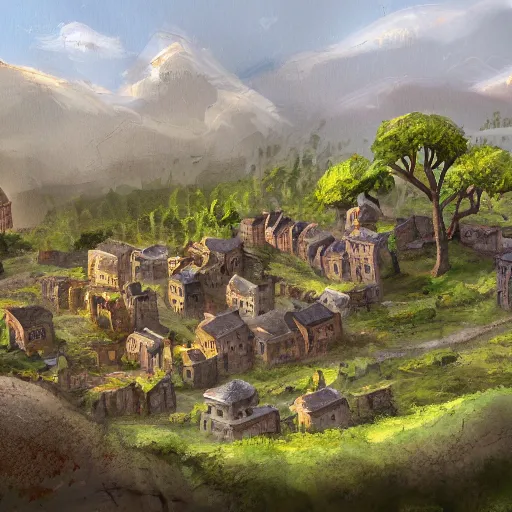 Prompt: d & d phandalin small rough and tumble town with a few cozy stone buildings along the main road. in the background on a hill is a ruined stone keep. forested area surrounds the town. view from the main road. high detail, 4 k, painting concept art