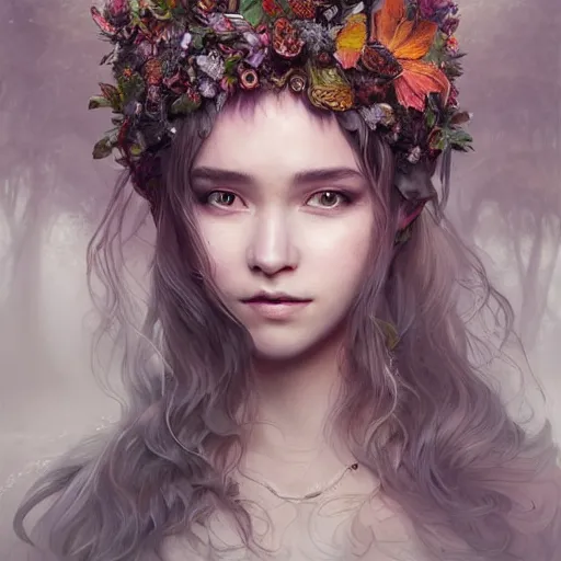 Prompt: A masterpiece portrait of a Incredibly beautiful queer druid girl . The Queen of the Forest.medium shot, intricate, elegant, highly detailed. trending on artstation, digital art, by Stanley Artgerm Lau, WLOP, Rossdraws, James Jean, Andrei Riabovitchev, Marc Simonetti, Yoshitaka Amano