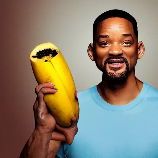 Image similar to Will Smith slapping a big banana, 8k, detailed face, extremly detailed, illustration, art, behance, sharp