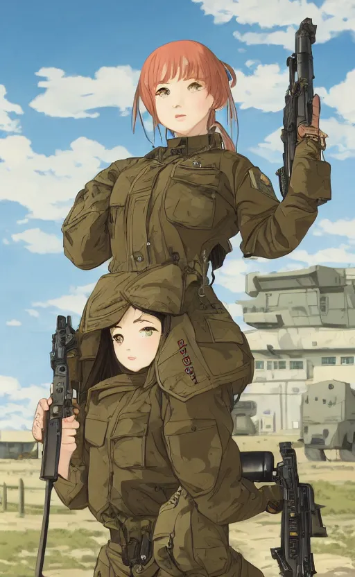 Prompt: portrait of a female soldier, highly detailed, high resolution, military camp in the background, genshin impact visual style, illustration, stunning, girls frontline style, bokeh soft, matte, 100mm, by professional photographer, hayao miyazaki, ilya kuvshinov, alphonse mucha, studio mappa, realistic human anatomy, realistic military carrier, modern warfare, realistic weapon, shot with a arriflex 35 ii, low saturation, small eyes