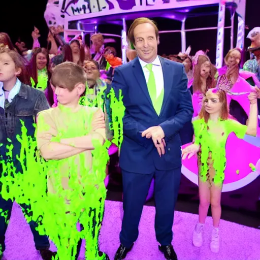 Prompt: saul goodman slimed at the kids choice awards, photojournalism photography