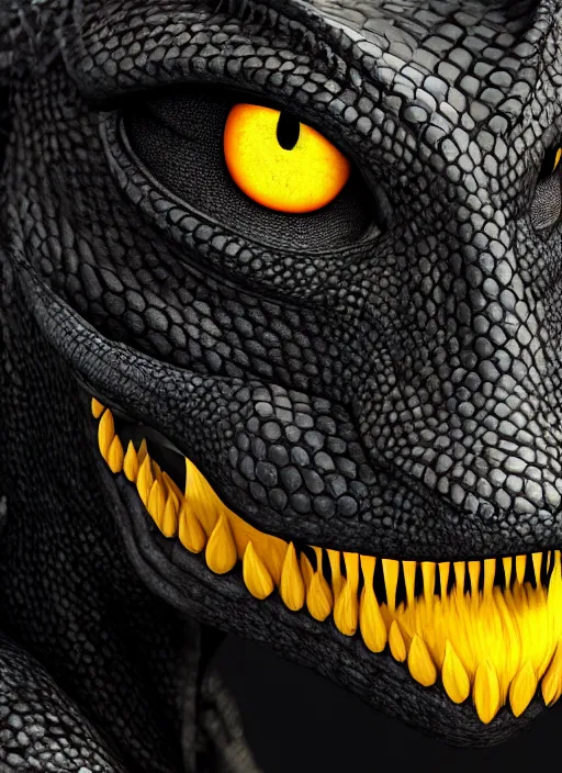 Image similar to closeup portrait of black dragon head with yellow eyes, ultra realistic, fantasy, magic, dnd,