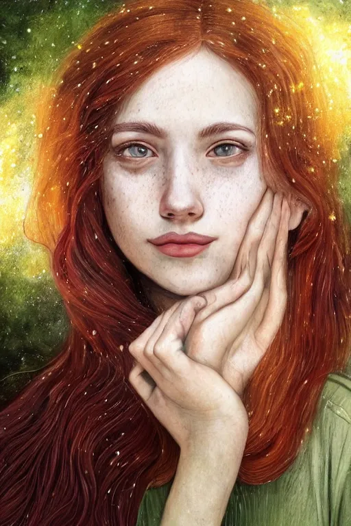 Image similar to infp young woman, smiling, amazed by golden fireflies lights, sitting in the midst of nature fully covered, long loose red hair, intricate linework, green eyes, small nose with freckles, oval shape face, realistic, expressive emotions, dramatic lights, spiritual scene, hyper realistic ultrafine art by cecco del caravaggio and albert bierstadt and artgerm