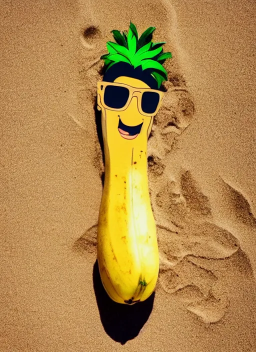 Image similar to jeff goldblum banana on the sand of a beach