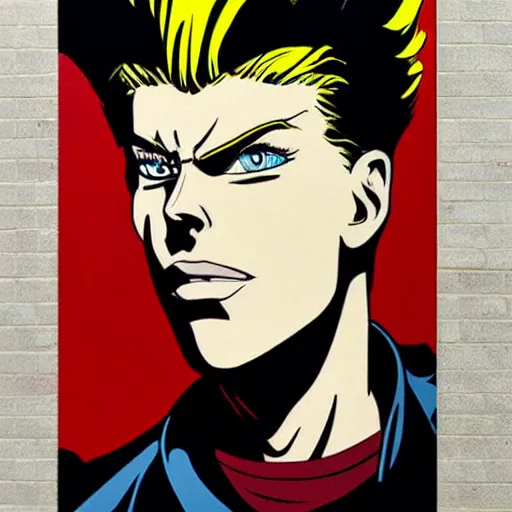 Prompt: Wall mural portrait of Vash the Stampede, urban art, pop art, artgerm, by Roy Lichtenstein