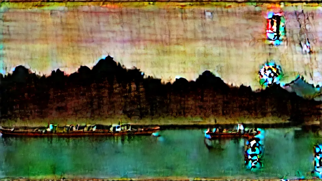 Image similar to a chinese prison near a river by peter doig, muted colors