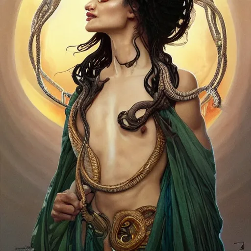 Image similar to Shanina Shaik as Medusa, frowning, scowl, snakes for hair, intricate, elegant, highly detailed, digital painting, artstation, concept art, smooth, sharp focus, illustration, art by artgerm and greg rutkowski and alphonse mucha