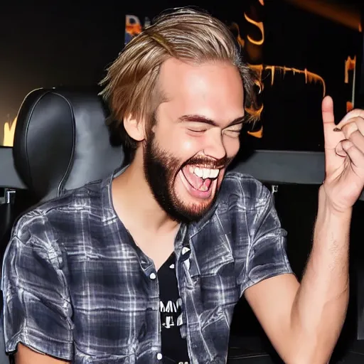 Image similar to PewDiePie laughing without any teeth, wild hair