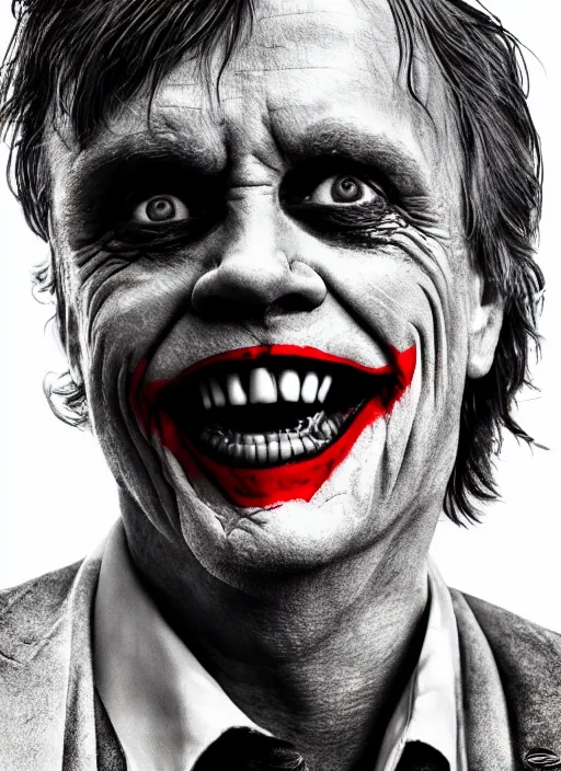 Image similar to photo of Mark Hamill as the Joker by Lee Jeffries and Eolo Perfido, grotesque smile, detailed, award winning, Sony a7R