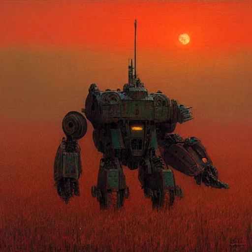 Prompt: a battlemech standing in a field at sunset by Beksinski