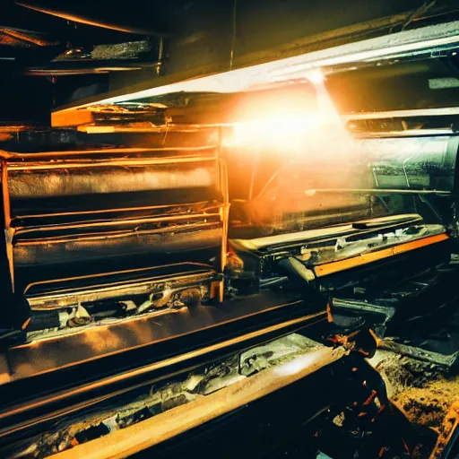 Image similar to rows of toaster oven mecha heads on conveyor belt, dark messy smoke - filled cluttered workshop, dark, dramatic lighting, orange tint, sparks, cinematic, highly detailed, sci - fi, futuristic, movie still