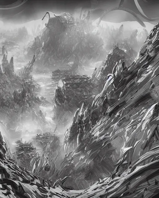 Prompt: the ivory fields, city of desert, buildings, black and white, environment art, fantasy art, landscape art, in the style of masami kurumada, illustration, epic, fantasy, intricate, hyper detailed, artstation, concept art, smooth, sharp focus, ray tracing