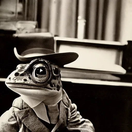 Image similar to cinematic, beautiful, ultra detailed, precise, award winning photo by saul leiter of an aristocrat animal frog wearing a perfect suit and a perfect hat sitting behind a perfect victorian desk, 1 9 4 0 s, vintage photography