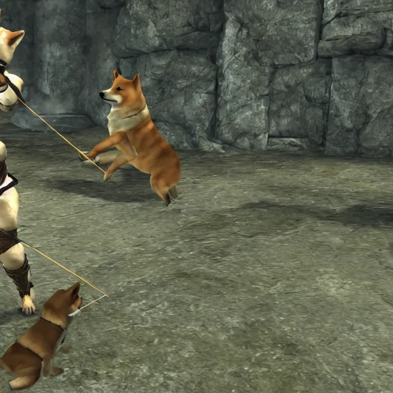 Image similar to a humanoid shiba inu firing a bow, skyrim pc screenshot