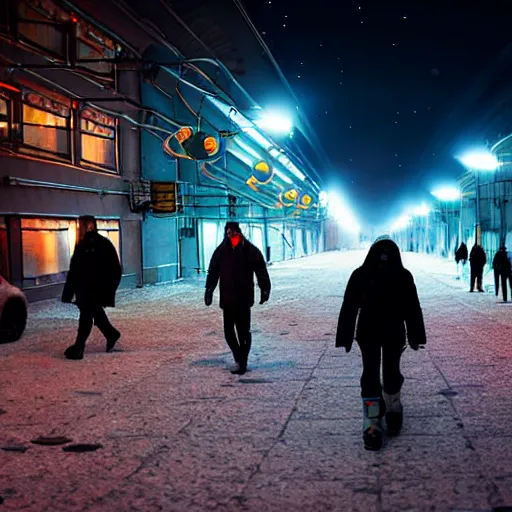 Prompt: people are walking past plasma vehicles, back from work in a Russian cyberpunk city called Neo Norilsk on the Moon, pitch black sky with stunning bright stars, bright sun, diverse, lively, black sky full of stars, blinding bright sun, sci-fi, lots of flying cars, levitation, cyberpunk outfits, photorealistic, grainy, 35mm, intricate, very very beautiful, elegant, smooth, cinematic, Unreal Engine 5, by Beeple, trending on Artstation HD
