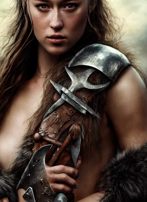 Prompt: alycia debnam - carey as a barbarian warrior, legendary warrior, tattoos, piercings, fur and leather armor, beautiful, realistically detailed shading, 8 k, hyper realistic art, photo realism, robin eley, deviantart