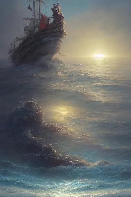 Prompt: breathtaking detailed soft painting of a drunken ship with mystical horrors and sun lichen, bathing in dreaming lactescent sea, alcohol with blue delirium skies, elegant, highly detailed, artstation, concept art, matte, sharp focus, art by tom bagshaw, and greg rutkowski