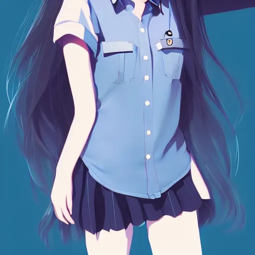 Prompt: urban school girl in shirt fanart, dark blue long hair, muted colors, matte print, pastel colors, ornate, digital art, cute smile, digital painting, fan art, elegant, pixiv, by Ilya Kuvshinov, by Studio Ghibli