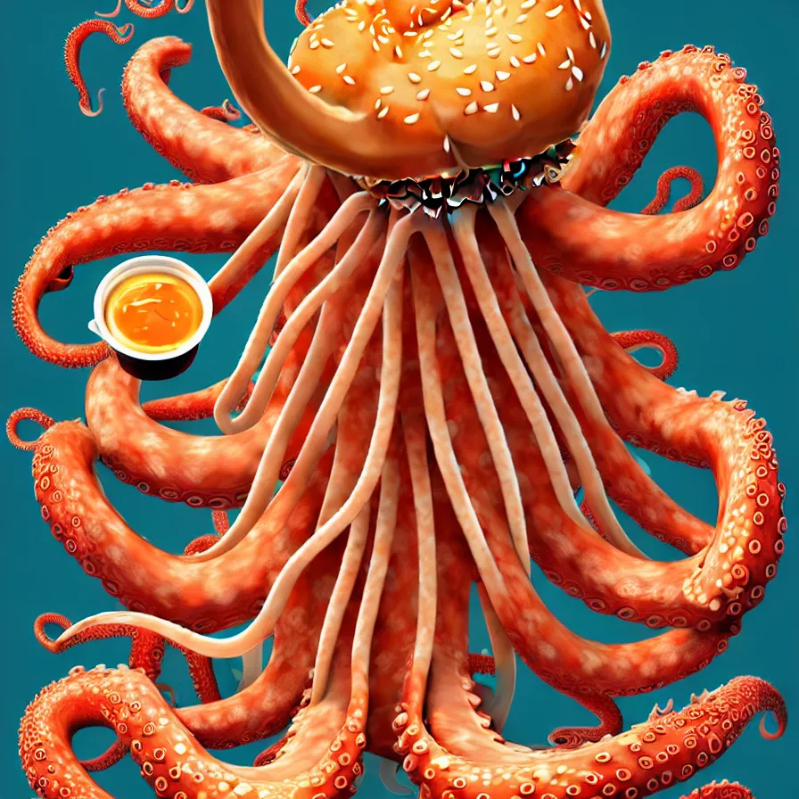 Prompt: ultra detailed anatomic illustration of a giant octopus holding many burgers, tentacles wrapped around burgers, artstation, 8 k