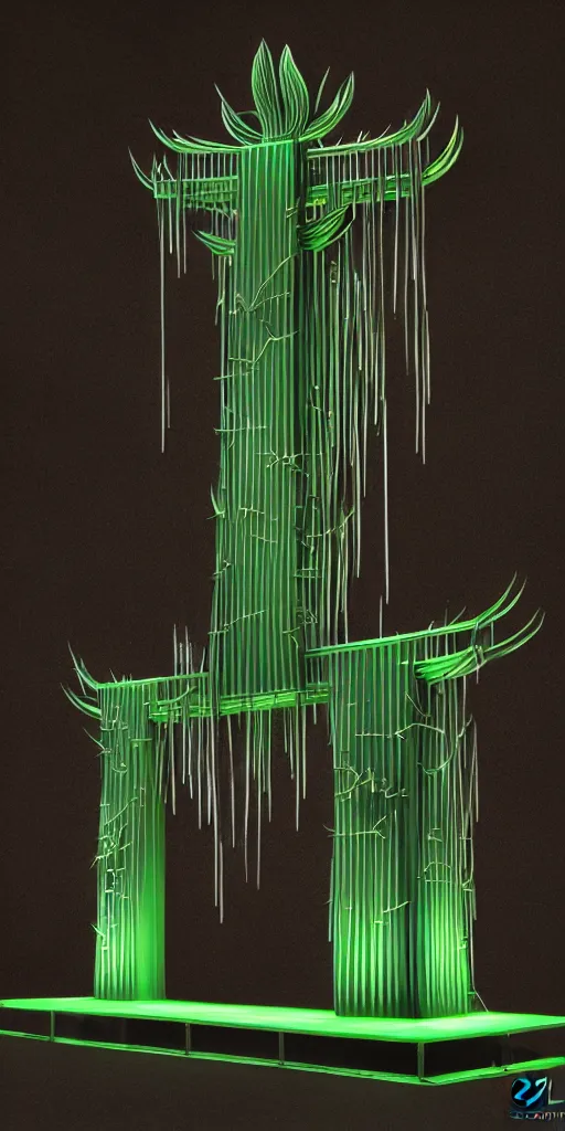 Image similar to 3 d photographic render of asymmetric melting japanese torii gate sculpture made of chrome, sakura bioluminescent chrometype, made of liquid metal, neotribal with thorns and green thunders, cyberpunk, raytracing, hyper realistic, volumetric lightning, 8 k, by zhelong xu and ouchh studio