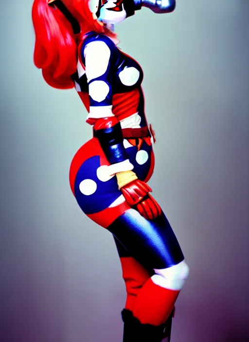 Image similar to kodak portra 4 0 0 of wendy's mascot wendy thomas as harley quinn, nostalgic mood 8 k, soft light, volumetric lighting, highly detailed, 1 5 0 mm lens, elegant, vhs still photo realistic skin texture