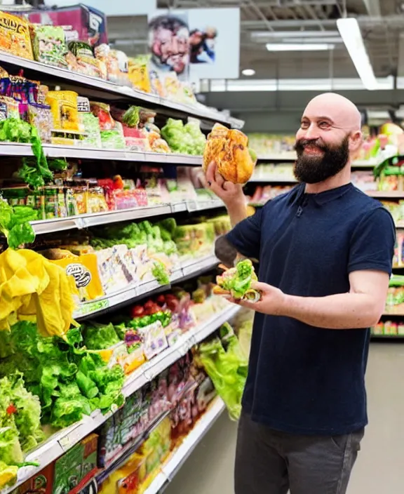 Image similar to a bald man with a beard gestures to a display of boxes of suddenly salad at the end cap inside a supermarket