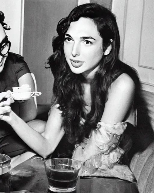 Prompt: gal gadot having tea with john lennon at his nyc apartment, on the apartment wall is a huge oil painting of buddy holly