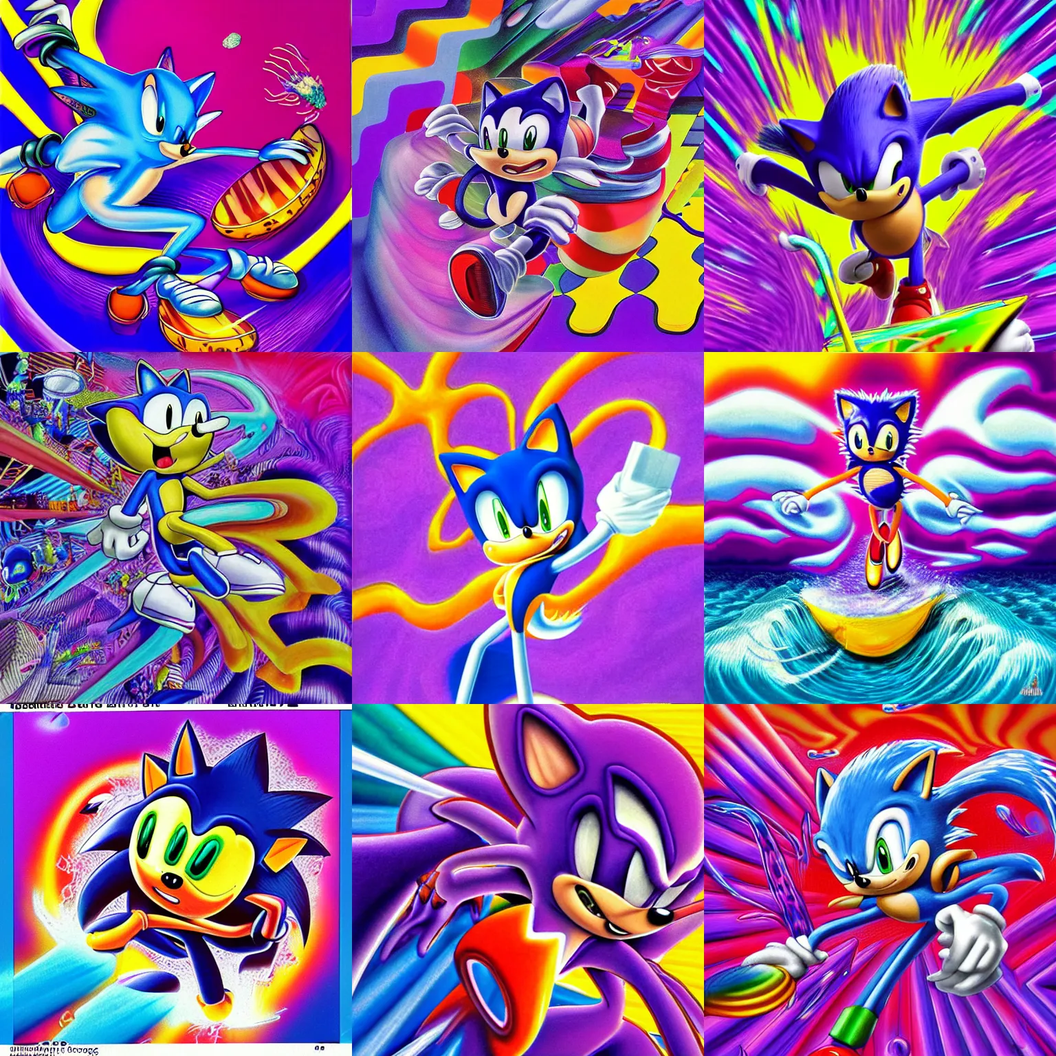 Image similar to surreal, sharp, detailed professional, soft pastels, high quality airbrush art mgmt album cover of a liquid dissolving airbrush art lsd dmt sonic the hedgehog surfing through cyberspace, purple checkerboard background, 1 9 9 0 s 1 9 9 2 sega genesis rareware video game album cover