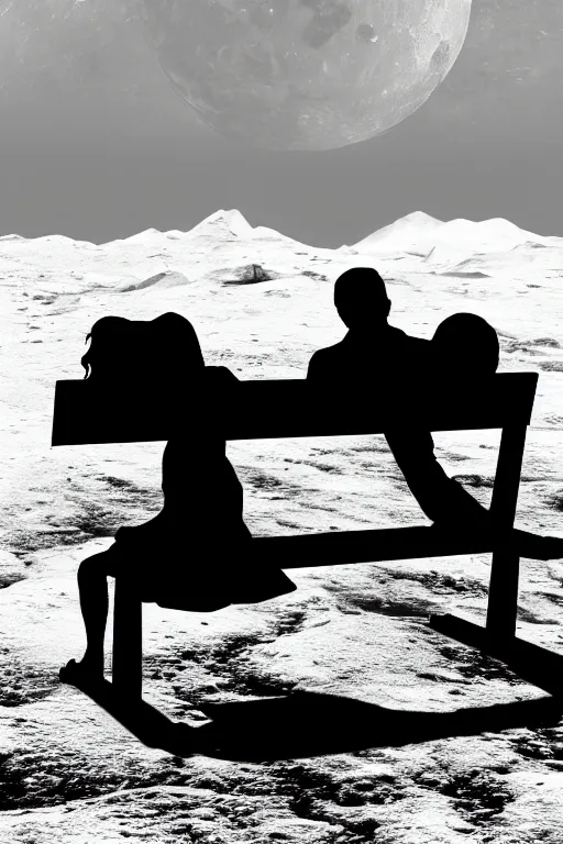 Image similar to Silhouette of a Couple sitting on a bench on the moon with a view of planet earth, photorealistic, high resolution, award winning, trending on artstation.