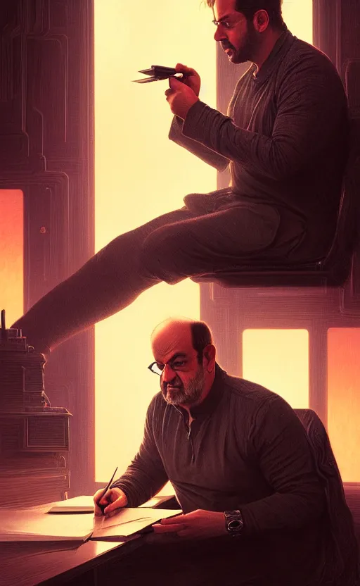 Image similar to portrait of salman rushdie writing in the dark, deep focus, blade runner 2 0 4 9, fantasy, intricate, elegant, highly detailed, digital painting, artstation, concept art, matte, sharp focus, illustration, art by artgerm and greg rutkowski and alphonse mucha