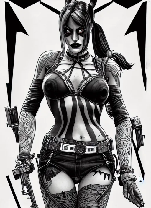 Prompt: symmetry concpet art, full shot, traditional ink, sketch, of harley quinn, line sketch, intricate, elegant, highly detailed, monochrome, digital painting, artstation, concept art, sharp focus, illustration, art by borderlands 3 and peter polach