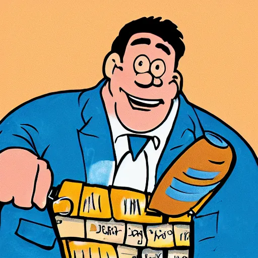 Prompt: fred flintstone as cashier at the store, illustration, ink,