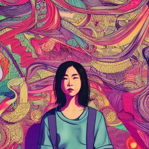 Image similar to portrait of mitski, an ultrafine detailed illustration by james jean, intricate linework, bright colors, final fantasy, behance contest winner, vanitas, angular, altermodern, unreal engine 5 highly rendered, global illumination, radiant light, detailed and intricate environment