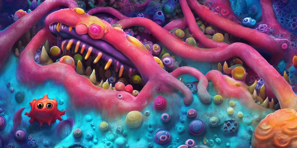 Image similar to of a colorful cloudy deep sea under water with strange cute friendly happy creatures with huge eyes, mouth, long tongue and round teeth appearing from sandy coral, in the style of gehry and gaudi, macro lens, shallow depth of field, highly detailed, digital painting, trending artstation, concept art, illustration, cinematic lighting, photorealism, epic, octane render