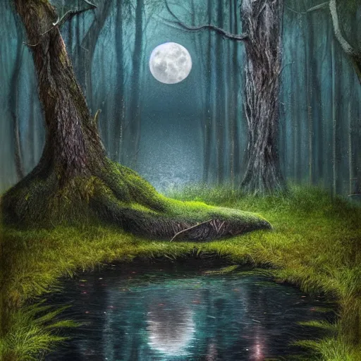 Prompt: highly realistic scenic painting of a towering misty dark fantasy forest surrounding a pond, a rusalka sits on the roots of an ancient tree looking up at the moon, spooky fog, looming trees, scary forest, fantasy painting hd
