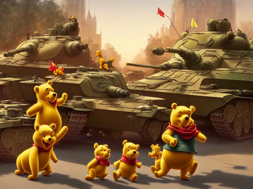 Image similar to winnie the pooh with tanks at tiananman square, cute and cuddly, highly detailed, photorealistic, octane render, 8 k, unreal engine. art by artgerm and greg rutkowski and alphonse mucha