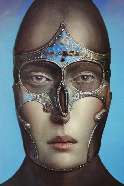 Image similar to hyperrealism oil painting, close - up portrait of face hiding in stingray medieval fashion model, knight, steel gradient mixed with nebula sky, in style of baroque mixed with 7 0 s book art