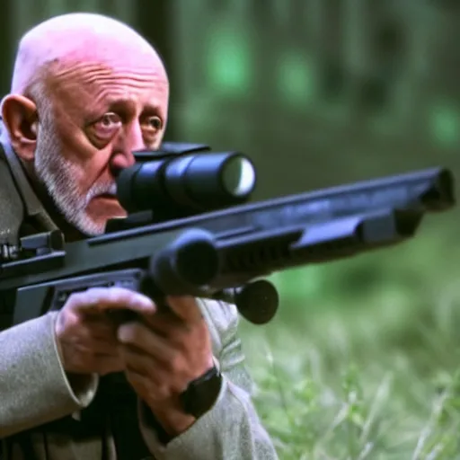 Image similar to Film still of Mike Ehrmantraut aiming with a sniper rifle, 4k, highly detailed